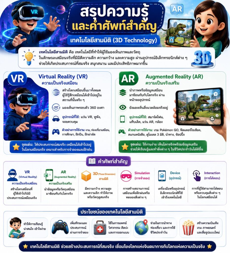 เทคโนโลยีสามมิติ (3D Technology) คืออะไร? รู้จัก VR และ AR พร้อมตัวอย่างในชีวิตประจำวัน 6 สรุปเทคโนโลยีสามมิติ VR AR และคำศัพท์สำคัญ