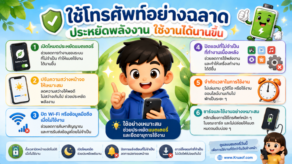 ประหยัดแบตเตอรี่ ทำอย่างไร? 8 วิธีใช้โทรศัพท์ให้แบตเตอรี่หมดช้าลง 4 ChatGPT Image 31 ส.ค. 2569 14 30 19