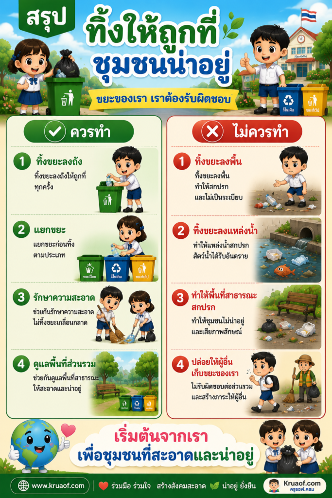 ข้อดีของการทิ้งขยะลงถังขยะ และข้อเสียของการทิ้งขยะไม่ลงถังขยะ พร้อมแนวคำตอบ 5 การทิ้งขยะลงถังขยะเป็นหน้าที่ของทุกคน