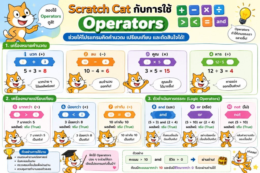 กลุ่มคำสั่ง Operators ใน Scratch คืออะไร? เรียนรู้การคำนวณและเปรียบเทียบเงื่อนไขแบบเข้าใจง่าย 1 การใช่งาน Operation