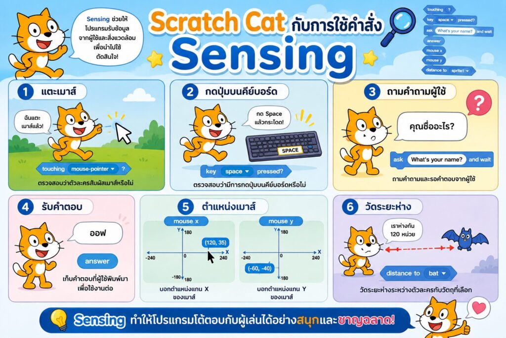 กลุ่มคำสั่ง Sensing ใน Scratch คืออะไร? เรียนรู้การตรวจจับและโต้ตอบกับผู้ใช้ 1 การใช่งาน sensing