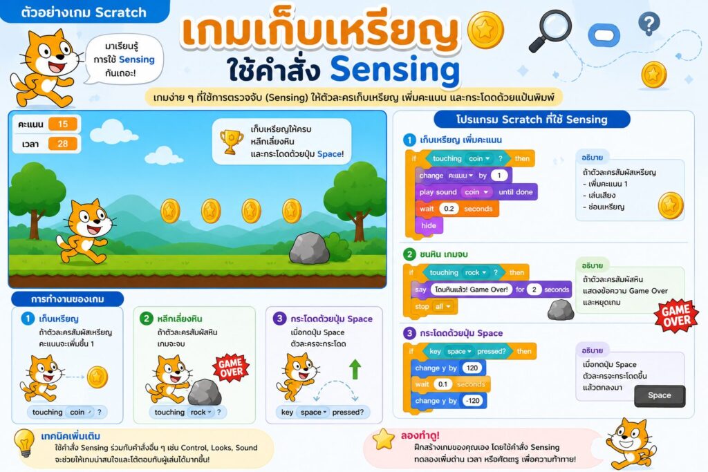 กลุ่มคำสั่ง Sensing ใน Scratch คืออะไร? เรียนรู้การตรวจจับและโต้ตอบกับผู้ใช้ 3 ตัวอย่างเกมส์ sensing