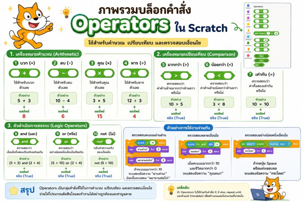 กลุ่มคำสั่ง Operators ใน Scratch คืออะไร? เรียนรู้การคำนวณและเปรียบเทียบเงื่อนไขแบบเข้าใจง่าย 4 ภาพรวมบล็อกคำสั่ง Operation พร้อมคำอธิบาย