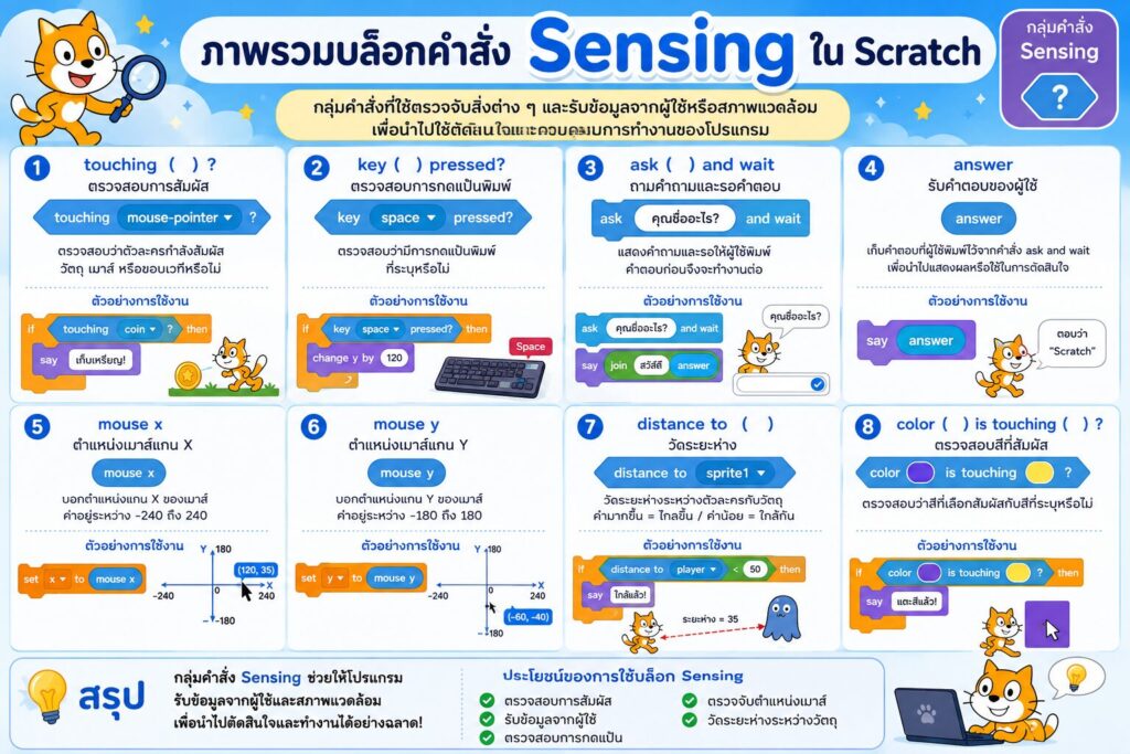 กลุ่มคำสั่ง Sensing ใน Scratch คืออะไร? เรียนรู้การตรวจจับและโต้ตอบกับผู้ใช้ 4 ภาพรวมบล็อกคำสั่ง Sensing พร้อมคำอธิบาย