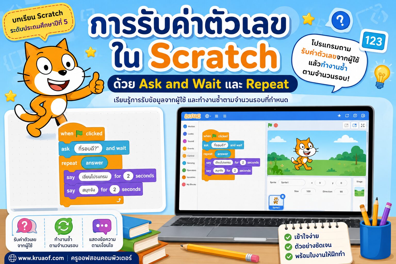 ยินดีต้อนรับสู่ Kruaof.com 2 การรับค่าตัวเลขใน Scratch ด้วย Ask and Wait และ Repeat พร้อมใบงาน ป.5