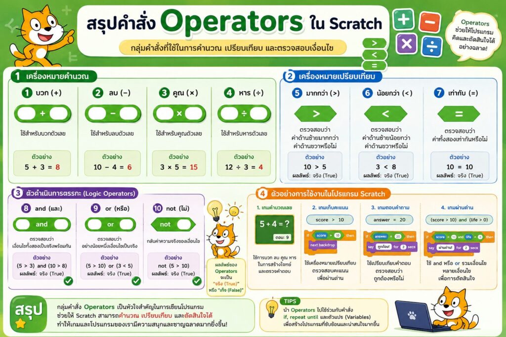 กลุ่มคำสั่ง Operators ใน Scratch คืออะไร? เรียนรู้การคำนวณและเปรียบเทียบเงื่อนไขแบบเข้าใจง่าย 2 สรุป กลุ่มคำสั่ง Operation