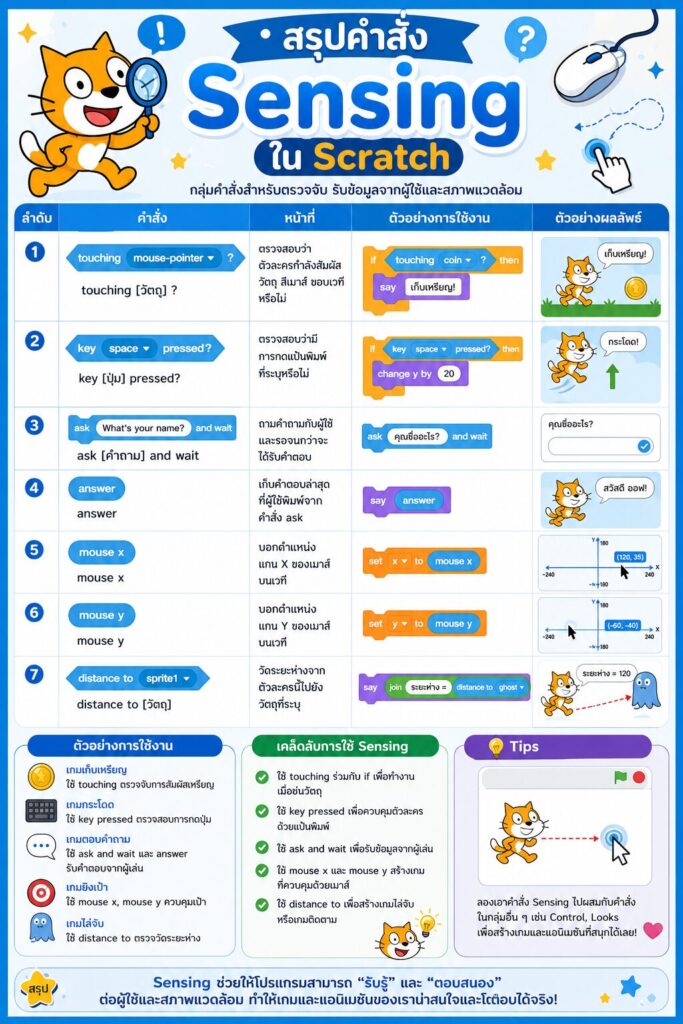 กลุ่มคำสั่ง Sensing ใน Scratch คืออะไร? เรียนรู้การตรวจจับและโต้ตอบกับผู้ใช้ 2 สรุป กลุ่มคำสั่ง sensing