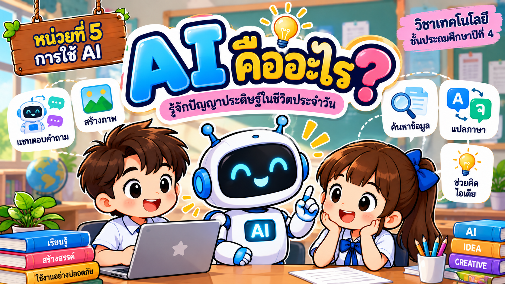 ยินดีต้อนรับสู่ Kruaof.com 4 AI คืออะไร? รู้จักปัญญาประดิษฐ์ พร้อมตัวอย่างสำหรับนักเรียน ป.4
