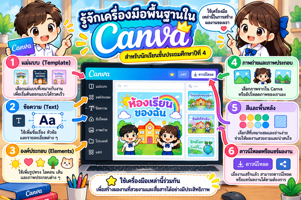 การใช้ Canva เบื้องต้น สำหรับนักเรียนชั้นประถมศึกษาปีที่ 4 1 อินโฟกราฟิกแนะนำเครื่องมือพื้นฐานใน Canva 6 รายการ ได้แก่ แม่แบบ ข้อความ องค์ประกอบ ภาพถ่าย สีและพื้นหลัง และการดาวน์โหลดหรือแชร์ผลงาน สำหรับนักเรียนชั้นประถมศึกษาปีที่ 4