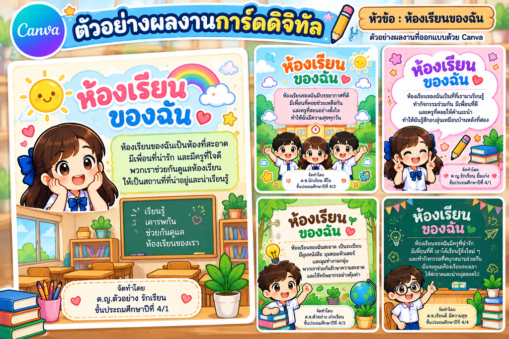 การใช้ Canva เบื้องต้น สำหรับนักเรียนชั้นประถมศึกษาปีที่ 4 2 ตัวอย่างผลงานการ์ดดิจิทัลหัวข้อห้องเรียนของฉัน ออกแบบด้วย Canva สำหรับนักเรียนชั้นประถมศึกษาปีที่ 4