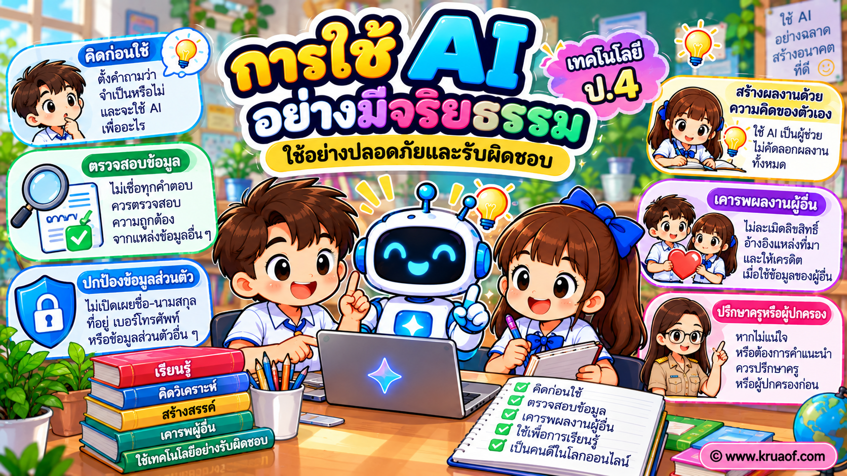ยินดีต้อนรับสู่ Kruaof.com 2 การใช้ AI อย่างมีจริยธรรม ป.4 ใช้อย่างปลอดภัยและรับผิดชอบ