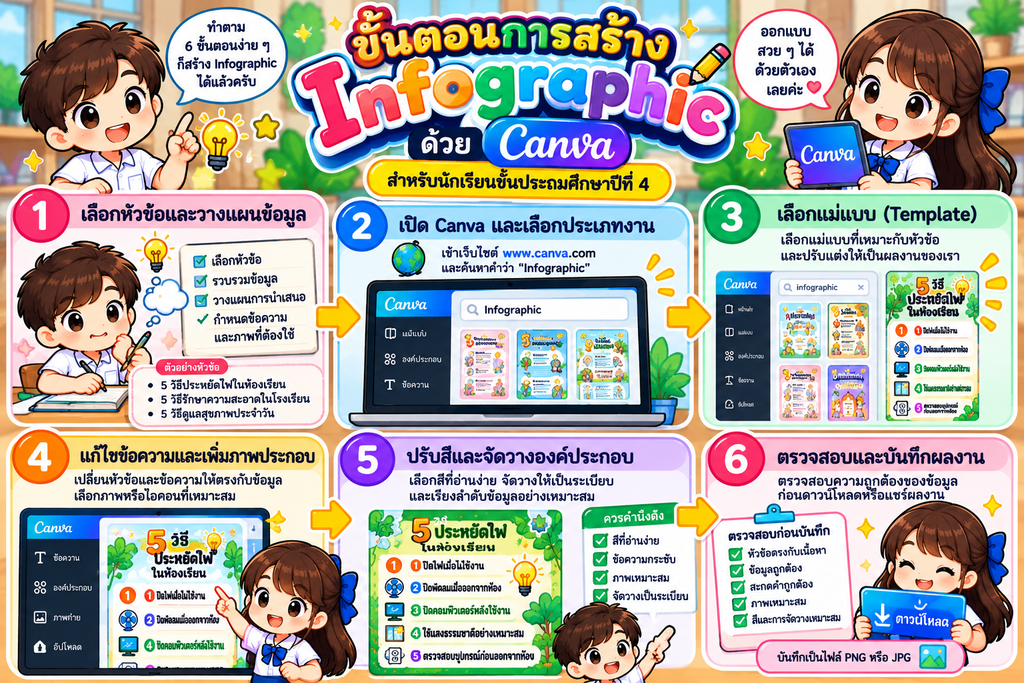 วิธีสร้าง Infographic ด้วย Canva สำหรับนักเรียนชั้นประถมศึกษาปีที่ 4 1 6 ขั้นตอนการสร้าง Infographic ด้วย Canva ตั้งแต่เลือกหัวข้อจนถึงบันทึกผลงาน