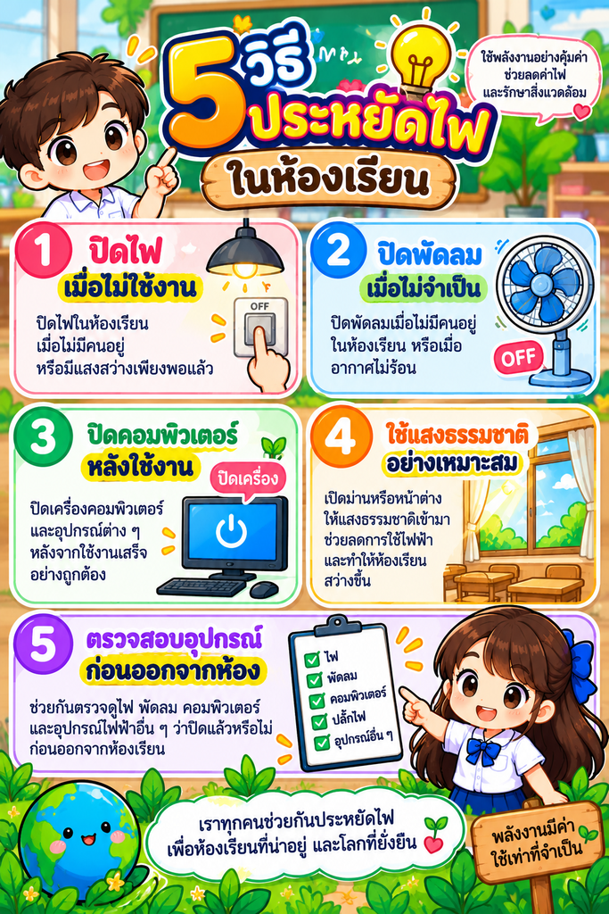 วิธีสร้าง Infographic ด้วย Canva สำหรับนักเรียนชั้นประถมศึกษาปีที่ 4 2 ตัวอย่าง Infographic เรื่อง 5 วิธีประหยัดไฟในห้องเรียน สำหรับนักเรียนชั้นประถมศึกษาปีที่ 4