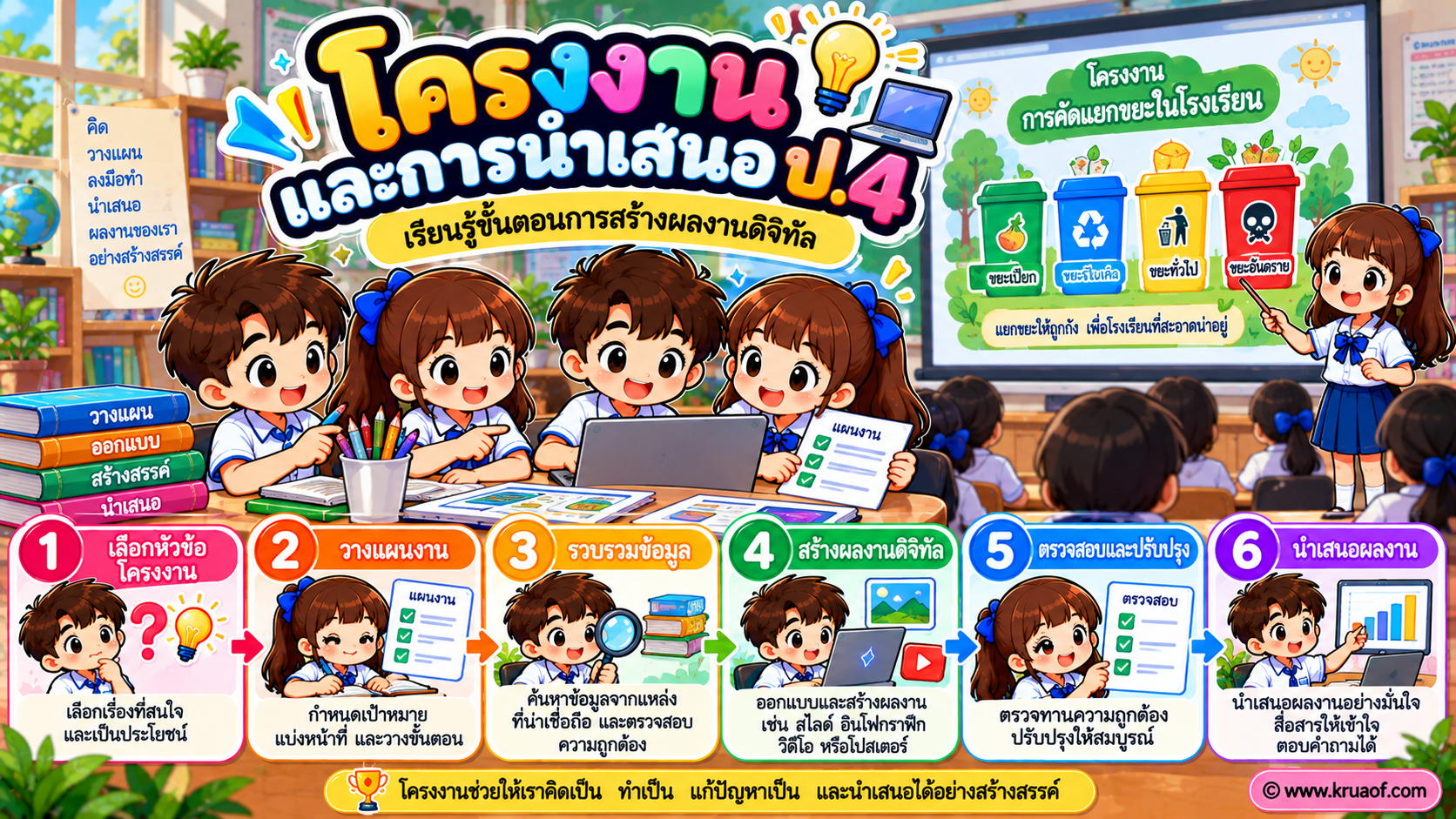 ยินดีต้อนรับสู่ Kruaof.com 1 โครงงานและการนำเสนอ ป.4 เรียนรู้ขั้นตอนการสร้างผลงานดิจิทัล