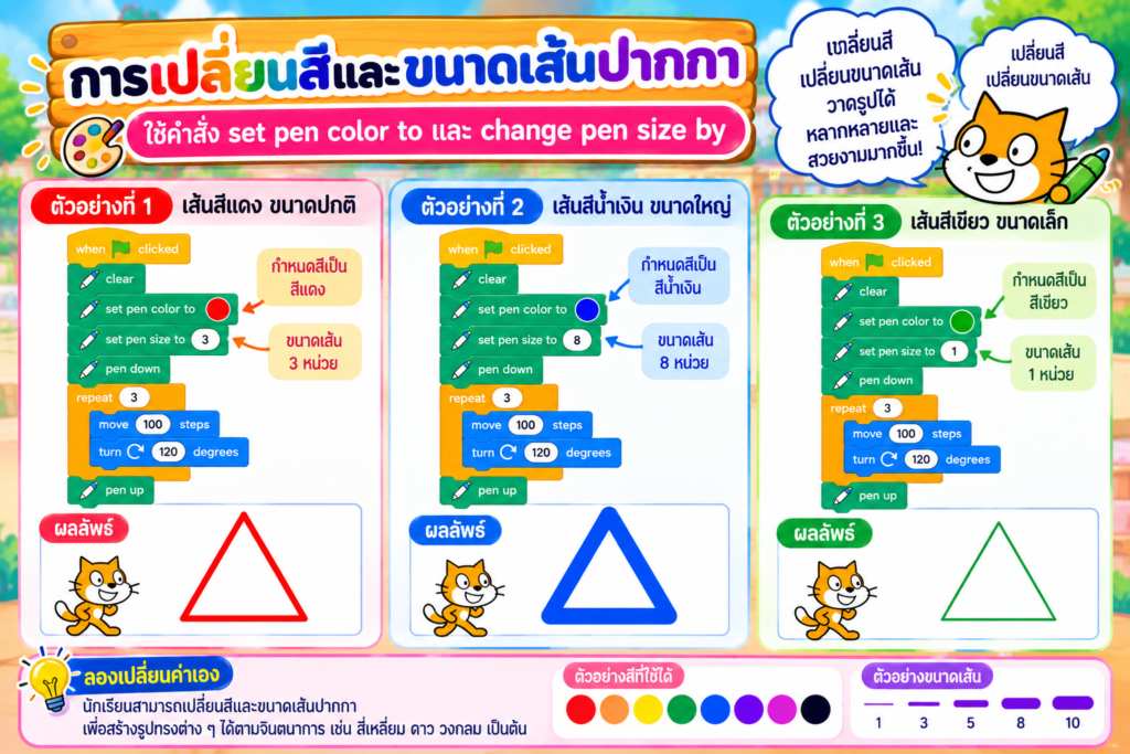 ตัวอย่างการเปลี่ยนสีและขนาดเส้นปากกาใน Scratch