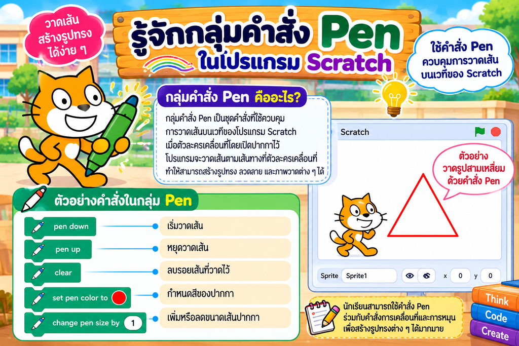 เรียนรู้กลุ่มคำสั่ง Pen ในโปรแกรม Scratch พร้อมตัวอย่างคำสั่ง pen down, pen up, clear และการเปลี่ยนสีและขนาดปากกา